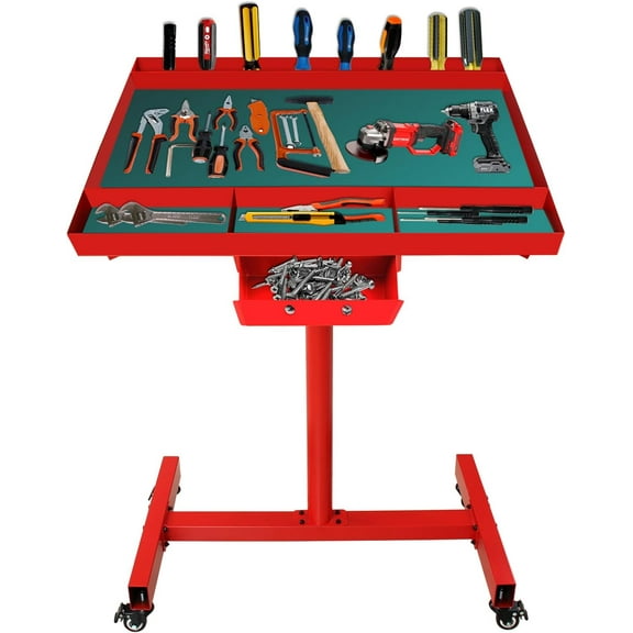 Adjustable Tear Down Work Table with Drawer, 220 lbs Rolling Tool Tray with Wheels, Heavy Duty Work Table for Garages, Repair Shops, and DIY, Red