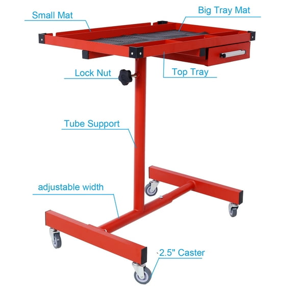 Adjustable Tear Down Work Table with Drawer for Garages, Repair Shops, and DIY, Portable, (4) 2.5" Swivel Casters, 220 Pound Capacity, Rubber Corners, Heavy Duty Steel,red,