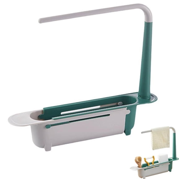 Adjustable Telescopic Sink Caddy, Drainable Kitchen Sponge Holder with Towel Bar, Multi-Use Organizer for Dish Soap, Scrub Brushes, Countertop or Basin Storage