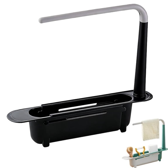 Adjustable Telescopic Sink Caddy Organizer, Expandable Drainer Tray with Towel Bar, Sponge & Soap Holder for Kitchen Sink
