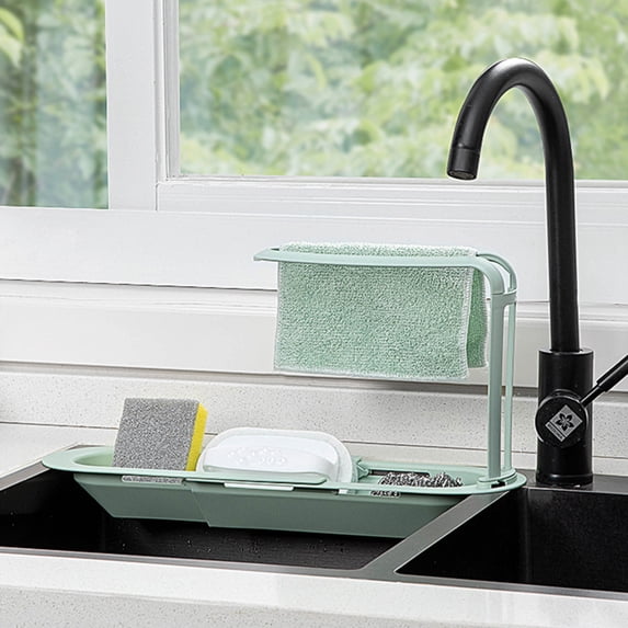 Adjustable Telescopic Sink Storage Rack Kitchen Drain Organizer for Dish Soap Sponge Utensils,sink storage rack,Green,1PC