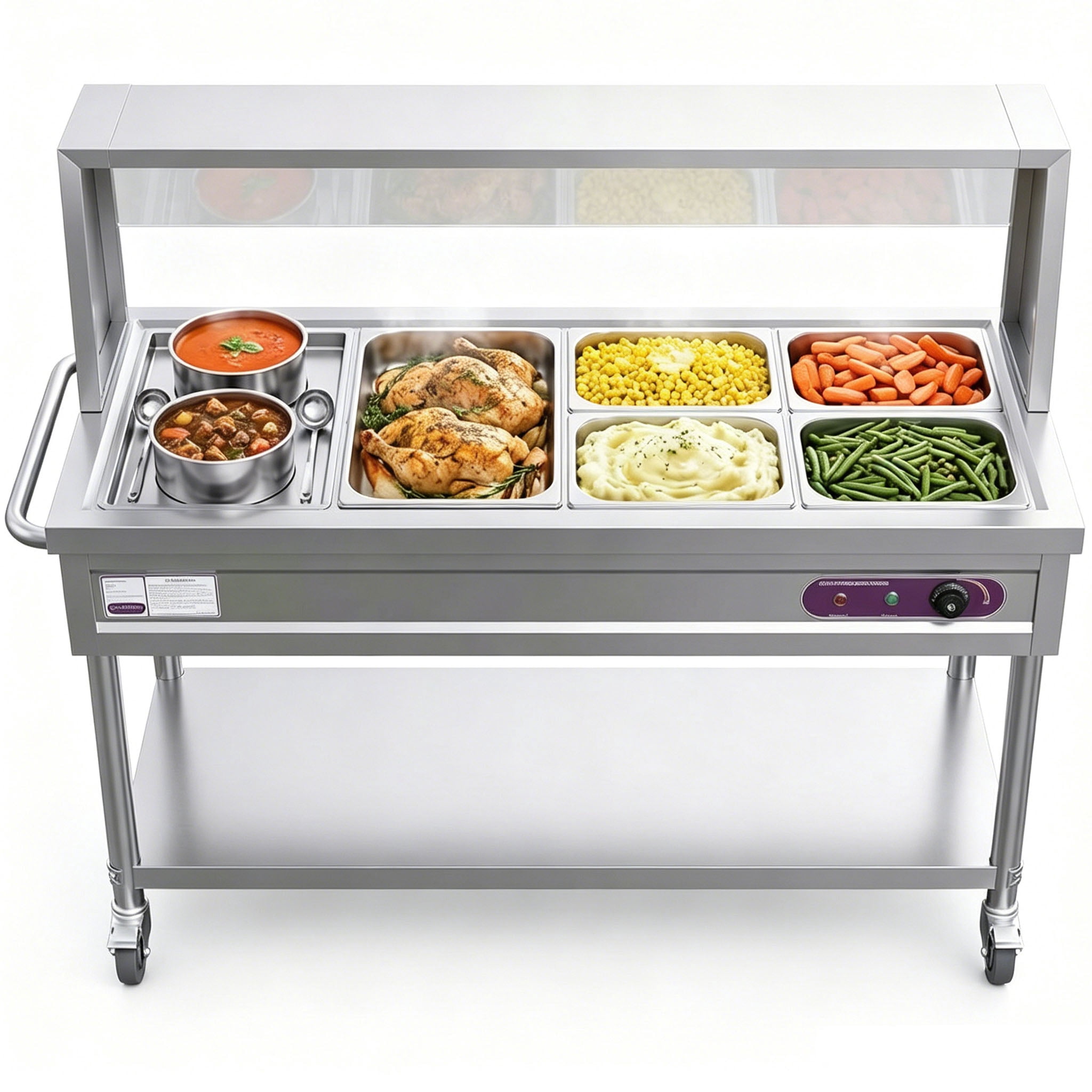 Adjustable Temperature 30℃-110℃ Commercial Food Warmer,Electric Steam Table with Shield Undershelf Wheels,Food Grade Stainless Steel Server for Hotel Catering