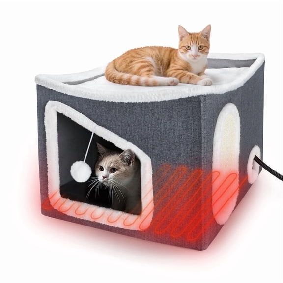Adjustable Temperature Cat Heating Bed, Indoor Heated Cat House with Timer and Chew Resistant Cord, Large Cat House with Heating Pad for Small, Medium and Large Cats, Medium