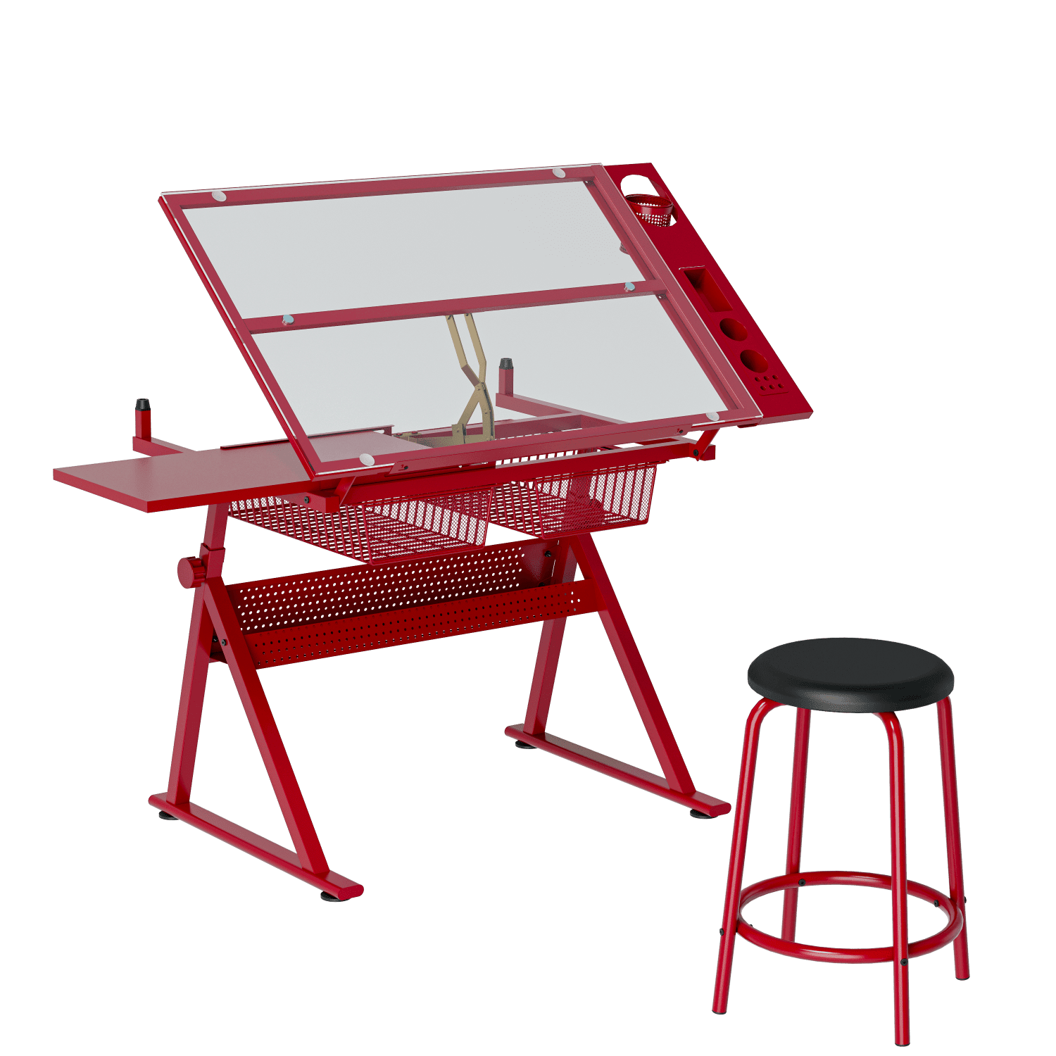 Adjustable Tempered Glass Drafting Table with Chair, 0-75° Tiltable Drawing Table with Height Adjustment, Metal Storage Rack & 2 Drawers, Art Craft Workstation for Printing Drafting