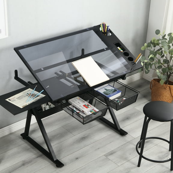 Adjustable Tempered Glass Drafting Table With Chair & Ample Storage Space Work Desk Side
