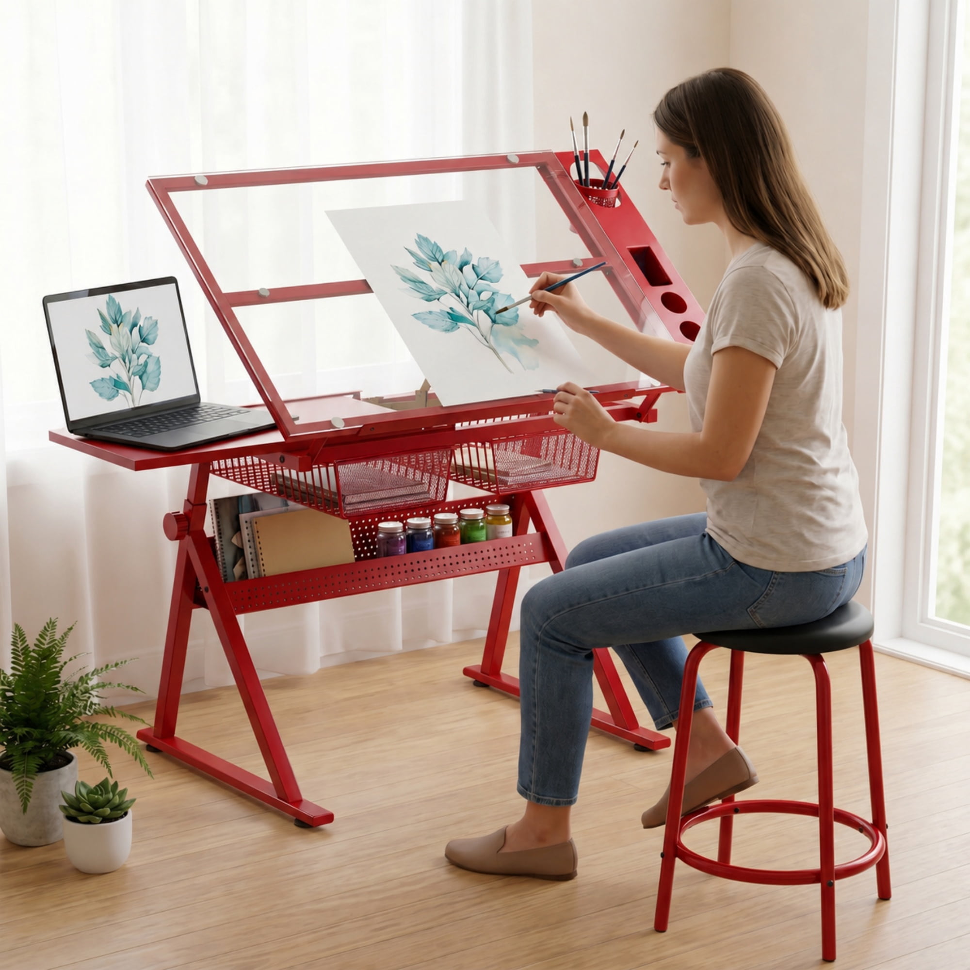 Adjustable Tempered Glass Drafting Table with Chair, 0-75 Degree Tiltable Drawing Desk and Art Table with Two Metal Drawers, Red