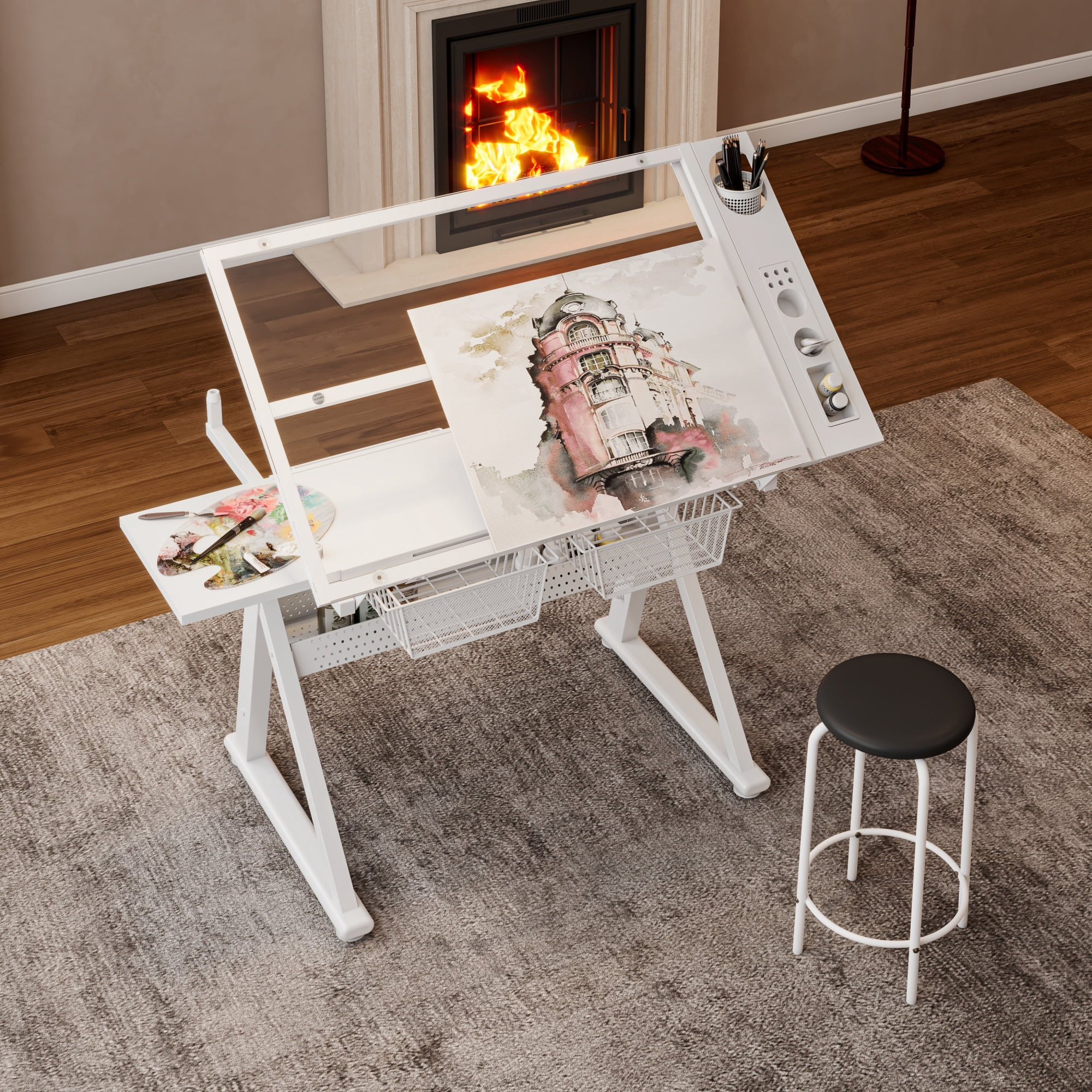 Adjustable Tempered Glass Drafting Table with Hand Crank and Chair, Height-Adjustable Drawing Desk and Art Studio Workstation with Storage, White