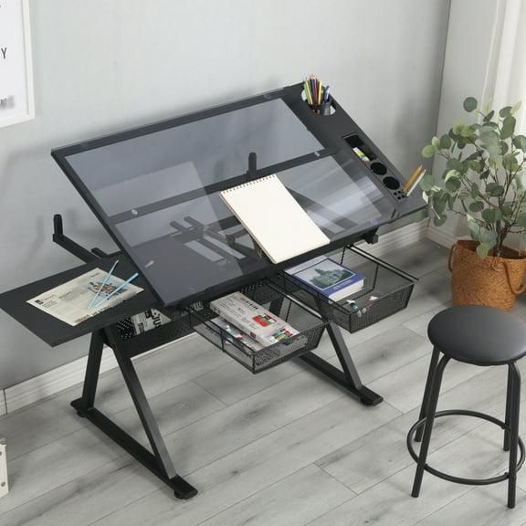 Adjustable Tempered Glass Work Table With Chair & Storage Facilities Drafting Desktop Angles