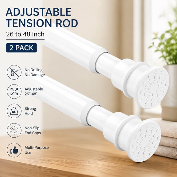 Adjustable Tension Curtain Rod 26-48 Inch 2 Pack White Expandable Spring Rod No Drilling for Closets Kitchens Cupboards Wardrobes