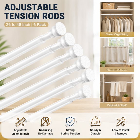 Adjustable Tension Curtain Rod 26-48 Inch 6 Pack Black Expandable Spring Rods No Drilling for Closet Kitchen Cupboard Wardrobe