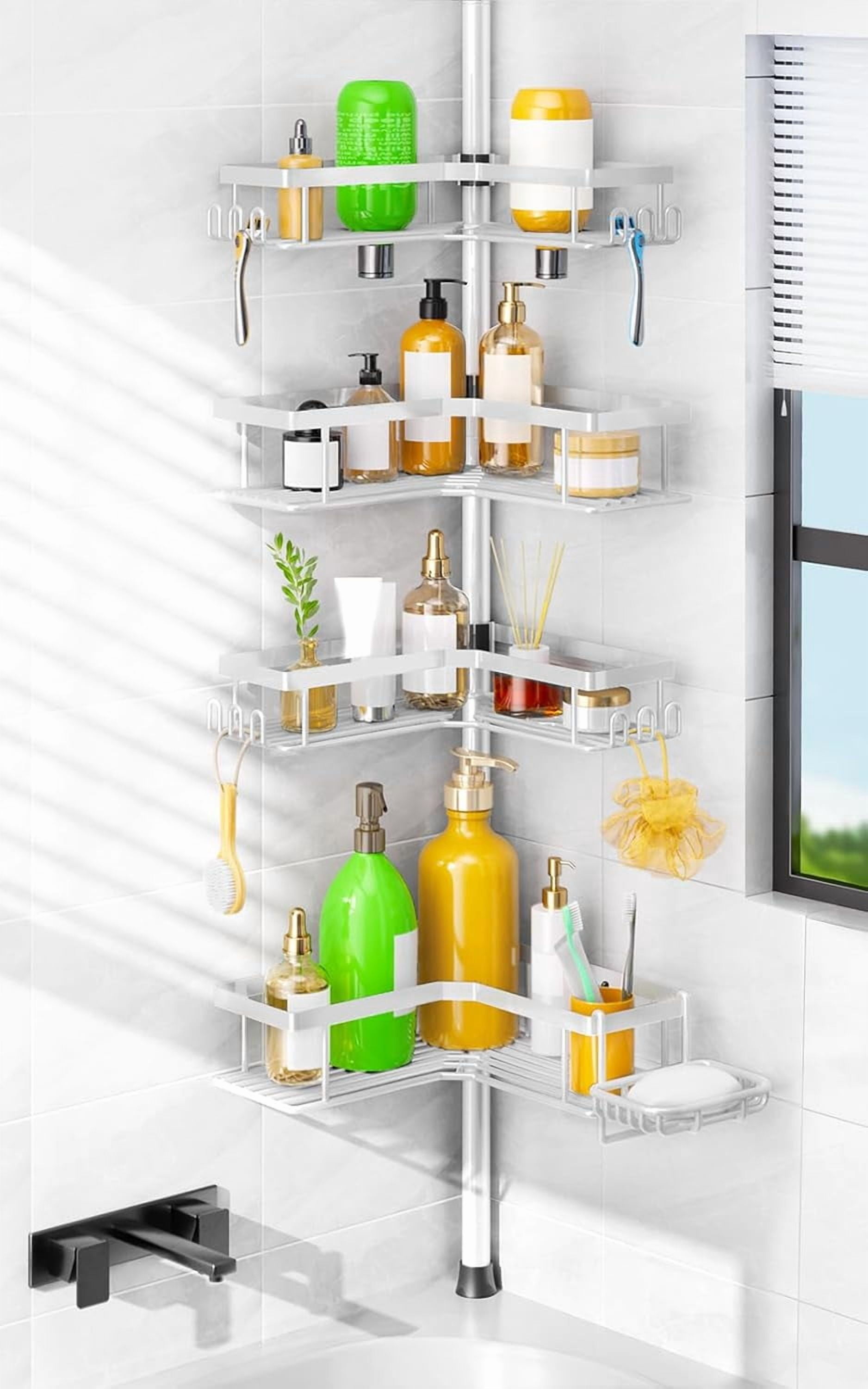 Shower Caddy Tension Pole: 4-Tier Corner Rustproof Bathroom Organizer with Soap Holder & Hooks - No-Drill Adjustable Shower Shelf for Renters - Family Stand Storage Rack - 47-123 Inch