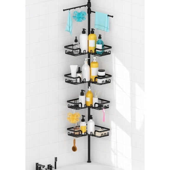 Adjustable Tension Pole Shower Caddy with Two Black Towel Bars, Corner L-Shape Organizer, Four-Tier Stainless Steel Shelves, Razor Holder, Hooks, and Quick-Dry Powder-Coated Finish