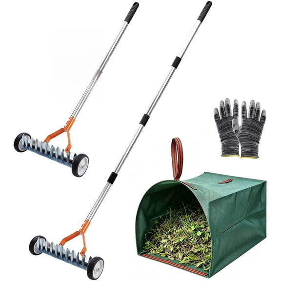 Adjustable Thatch Rake with Wheels - 38"-65" Handle, 21 & 11 Dual-Sided Steel Tines, Heavy-Duty Lawn Dethatching Rake for Cool & Warm Season Grass, Landscape and Lawn Care