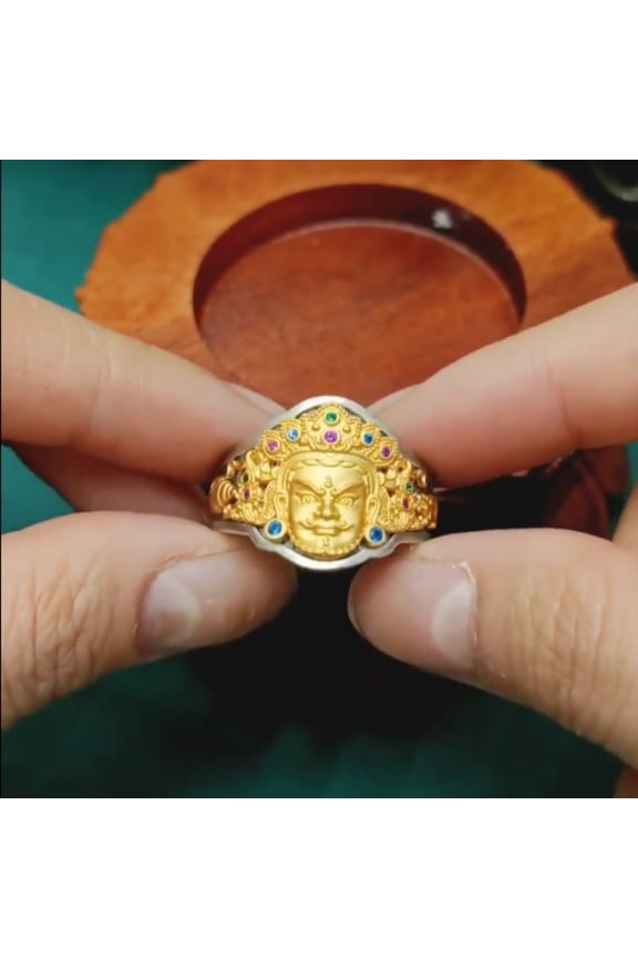 Adjustable Tibetan Deity Ring Vintage Plated Unisex Finger Jewelry Buddhist Amulet for Men and Women
