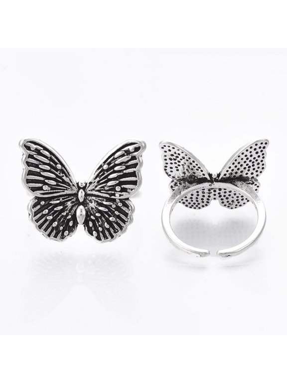 Adjustable Tibetan style Alloy Cuff Rings Open Rings Lead Free & Cadmium Free Butterfly Antique Silver Size 5 Inner Diameter: 16mm Alloy