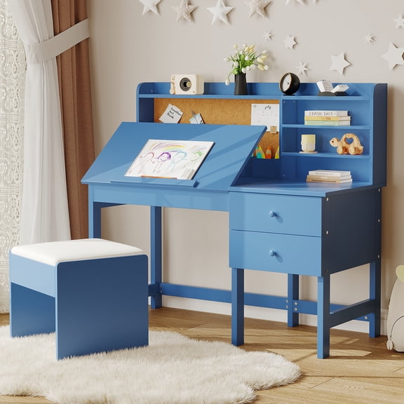 Adjustable Tilt Kids Desk & Chair Set – Wooden Study Table with Drawers & Cork Board – Ideal for Boys & Girls Ages 3-8, Home & School Use