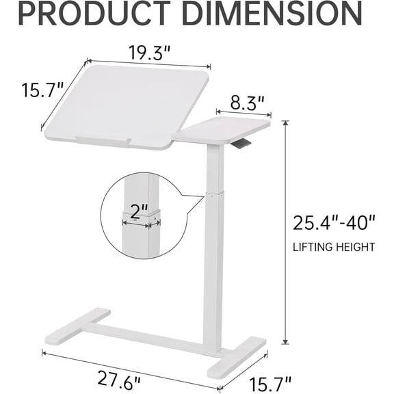 Adjustable Tilt Overbed Table with Hidden Wheels, Mobile Standing Laptop Desk, Portable Pneumatic Computer Cart, Rolling Medical Bed Side Table for Hospital and Home Use, White