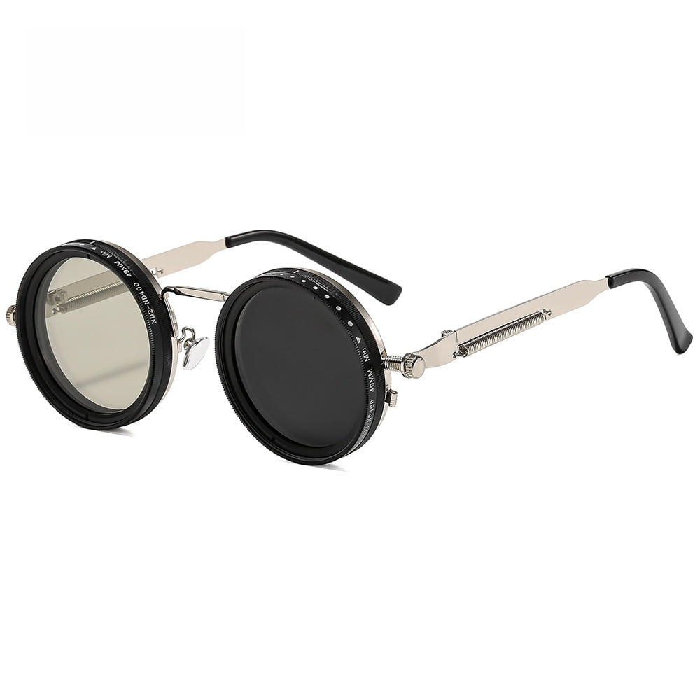 Adjustable Tint Sunglasses Round Polarized with Built-in ND Filter, 1-9 Gears Manual Tint Control for Men(Silver)