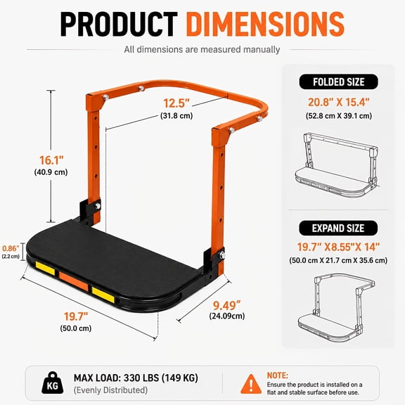 Adjustable Tire-Mounted Automotive Step, Capacity, Orange and Black