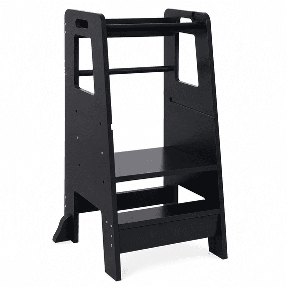 Adjustable Toddler Kitchen Step Stool, Wooden Kitchen Helper Stool with Safety Rails, Anti-Tip Standing Stool for Toddlers and Kids