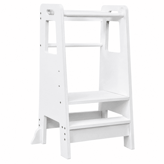 KGAR Toddler Kitchen Step Stool, Adjustable Height Kids Kitchen Helper Stool, Engineered Wood with Safety Rails and Anti-Tip Base, White