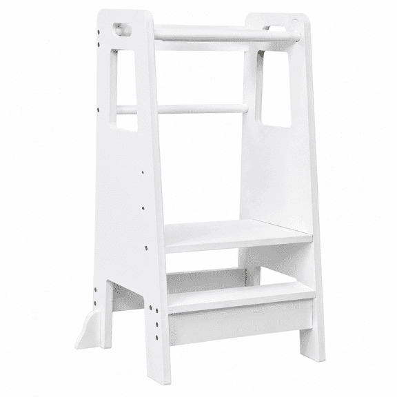 KGAR Toddler Kitchen Step Stool, Adjustable Height Kids Kitchen Helper Stool, Engineered Wood with Safety Rails and Anti-Tip Base, White