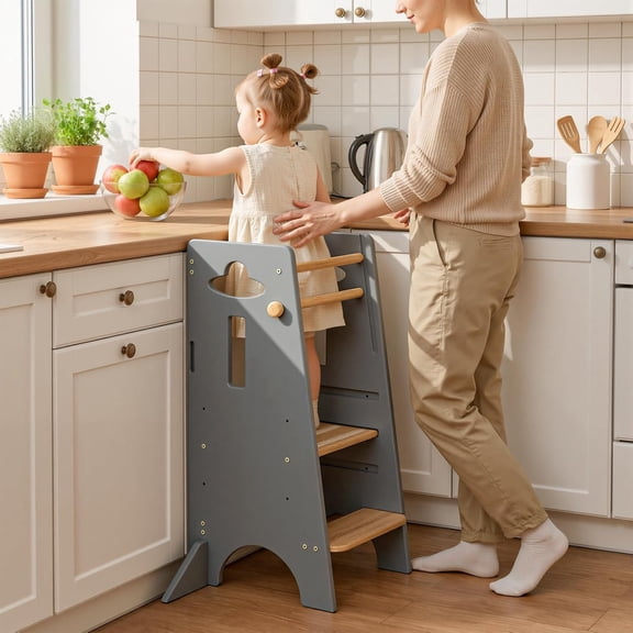 Adjustable Toddler Standing Tower (NO Backing Board) - Stable Toddler Step Stool with 4 Stabilizing Blocks - 3 Levels Height Adjustable Kids Kitchen Stool Helper (Natural & Light Gray)