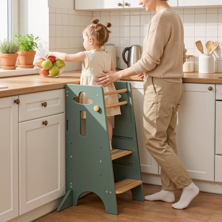Adjustable Toddler Standing Tower (NO Backing Board) - Super Stable Toddler Step Stool with 4 Stabilizing Blocks - 3 Levels Height Adjustable Kids Kitchen Stool Helper (Natural & Green)