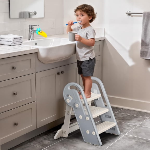 Adjustable Toddler Step Stool with Handles, Converts from 3-Step to 2-Step as Kids Grow, Non-Slip Safety Stool for Bathroom Sink, Kitchen Counter, Potty Training and Everyday Household Use-Grey