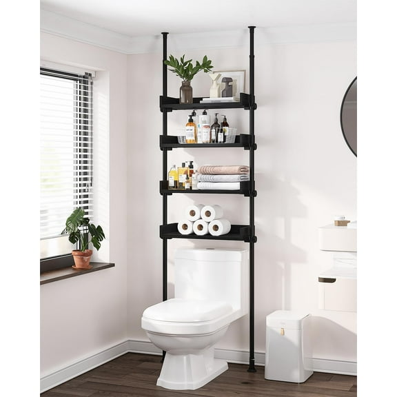 4 Tier Over The Toilet Storage, Adjustable Over Toilet Bathroom Organizer, Freestanding Shelves, Fit Showers Over The Toilet Shelf, 92 to 116 Inch Tall, Black