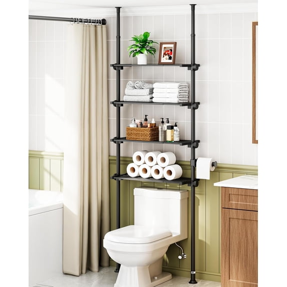 Adjustable Over The Toilet Storage Shelf, 4-Tier Ample Over Toilet Bathroom Organizer and Storage,Tension Mounted Above Toilet Storage Cabinet for Versatility, Fits 64-113 Inch Heights, Black