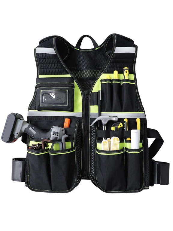 Adjustable Tool Vest for Men, 23 Pockets, Reflective Work Vest for Electricians, Carpenters and Construction Workers