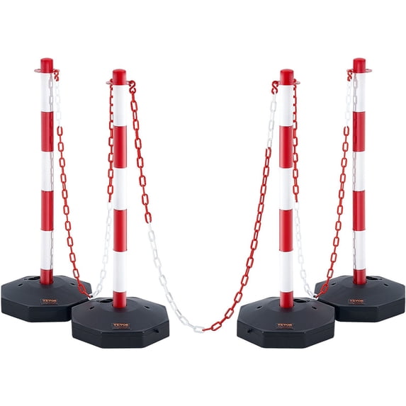 Adjustable Traffic Cones with Fillable Base, 4-Pack – 8FT Safety Chain for Parking Lot, Road Construction & Warning Barriers (Red/White)