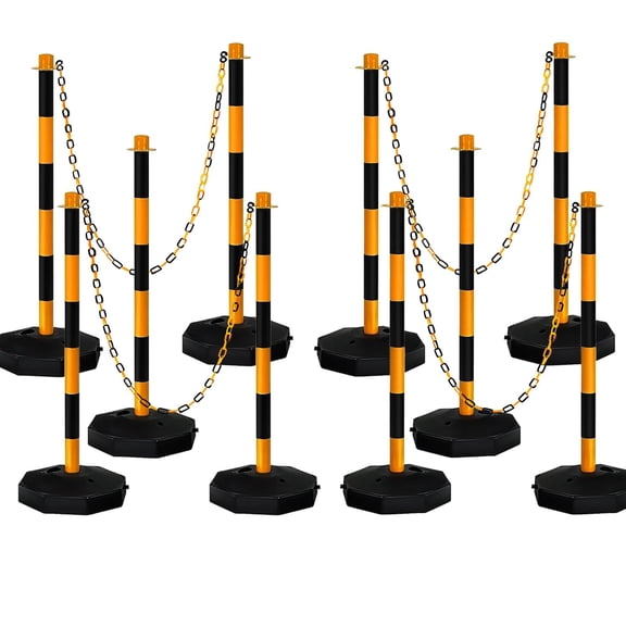 Adjustable Traffic Delineator Post Cones,10 Pack 34Inch,Traffic Safety Delineator Barrier with Fillable Base 6.6FT Chain,for Traffic Control Parking Lot Construction Caution Roads,Yellow&Black