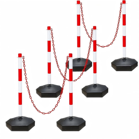 Adjustable Traffic Delineator Post Cones,6 Pack 34 Inch,Traffic Safety Delineator Barrier with Fillable Base 6.6FT Chain, for Traffic Control Warning Parking Lot Construction Caution Roads, Red&White
