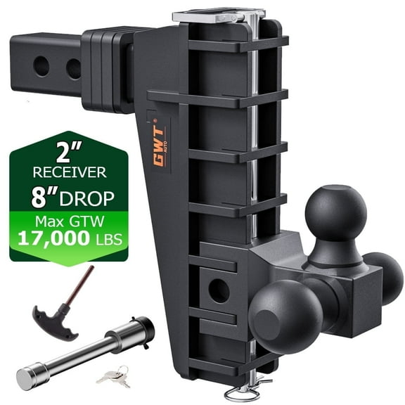 GWTAUTO Adjustable Trailer Hitch 2 Inch Receiver 8 Inch Drop Towing Hitch Tri-Ball Mount