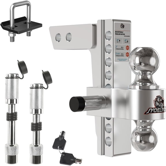 Adjustable Trailer Hitch (2" Receiver) 8" Drop & (12,500 LBS GTW) Tow Hitches Dual Ball (2" & 2-5/16") Hitch Tightener Double Anti- Locking Hitch Pins