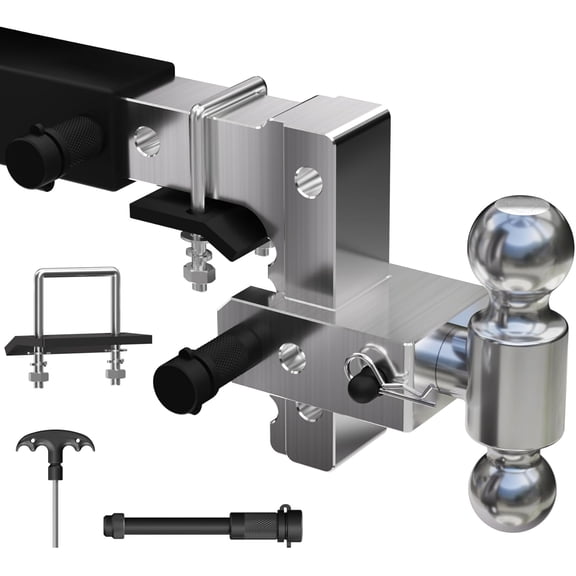 Adjustable Trailer Hitch, 6 Inch Drop & Rise Hitch Fits 2 Inch Receiver with Dual Ball (2" & 2-5/16"), 12500 LBS GTW, Aluminum Tow Hitch with Lock Down Hitch Tightener & Locking Hitch Pins
