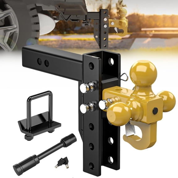 Adjustable Trailer Hitch Ball Mount with Hook, Tri-Ball (1-7/8" x 2" x 2-5/16") Drop Hitch,6 Inch Drop Hitch, Fits 2-Inch Receiver 18500 LBS GTW,Anti- Pins Locks,Tow Hitch for