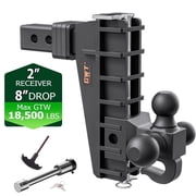 GWTAUTO Adjustable Trailer Hitch with Hook, Tri-Ball 1-7/8", 2", 2-5/16", Fits 2-Inch Receiver, 8-Inch Drop, Class 3 Heavy Duty Tow Hitch Rated 18,500 LBS GTW, Solid Ball Mount, Black