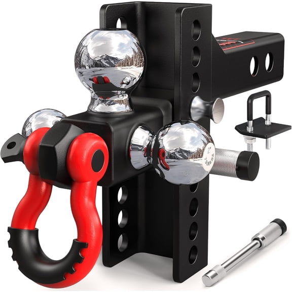 Adjustable Tri-Ball Trailer Hitch for 2 inch Receiver, 4.5" Drop/Rise, Triple Balls (1-7/8", 2", 2-5/16") with Shackle, 10,000 lbs GTW, 1,000 TW,Pin Lock & Tightener