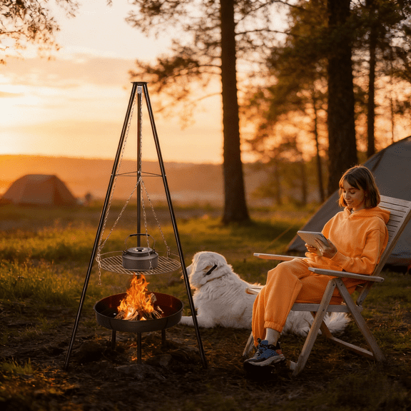 Adjustable Tripod Campfire Grill with Fire Bowl Overlanding Gear Cast Iron BBQ Grate Hanging Grill for Camping Backyard Over Fire Cooking Hunting Survivalist Gear 61H Inches Portable 12.8LB