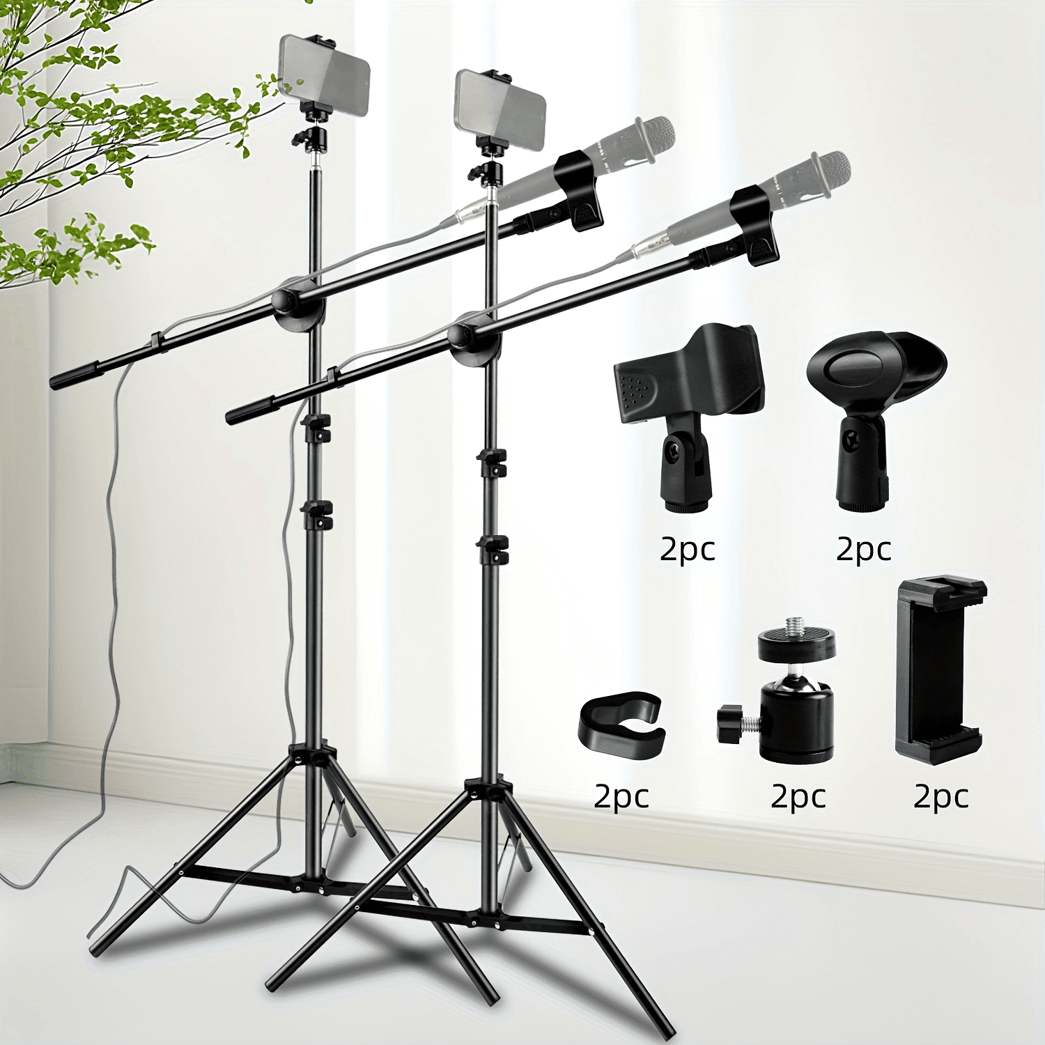 Adjustable Tripod Mic Stand with Boom Arm, Dual Mic Clips & Phone Holder for Live Performances, Stage, Studio, Christmas Gifts
