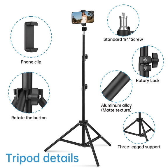 Adjustable Tripod Stand with Phone Clip, 63 Inch Aluminum Light Stand for Video Recording