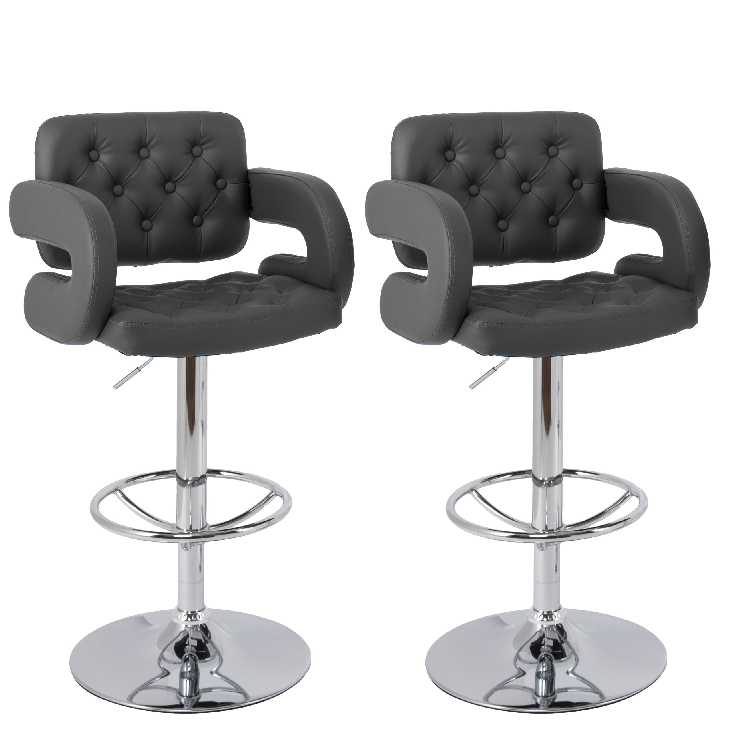 Adjustable Tufted Dark Grey Bonded Leather Barstool with Armrests, set