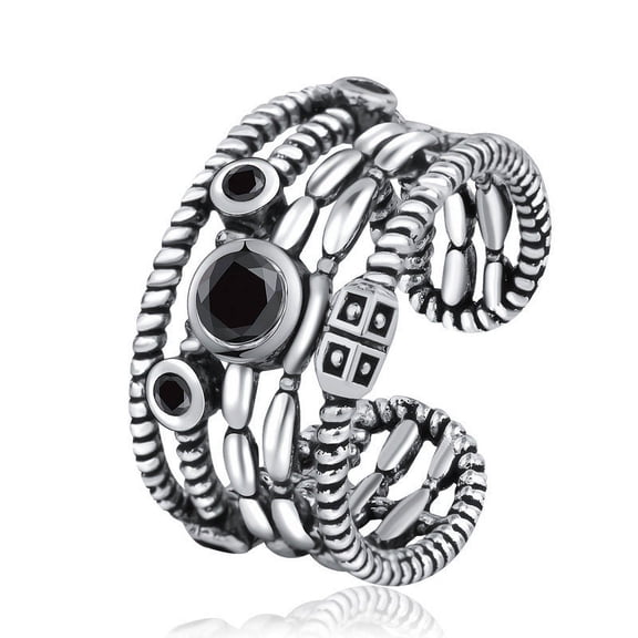 Adjustable Unisex Copper Ring: Multilayer Hemp Rope Twist Design with Gem Inlay, Thai Silver Finish