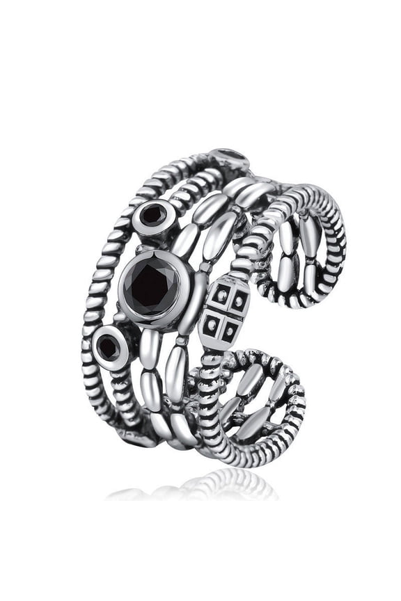 Adjustable Unisex Copper Ring: Multilayer Hemp Rope Twist Design with Gem Inlay, Thai Silver Finish