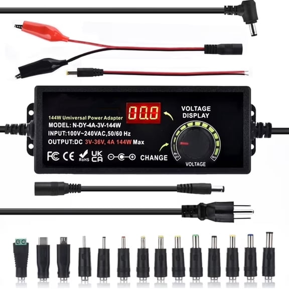 Adjustable Universal Power Supply Adapter 4A 144W Adjustable Variable Switching 3V~36V 3V 5V 12V 24V 30V 36V AC/DC Adapter, AC to DC Converter with 14 Tips, Polarity Converter and Test Lead