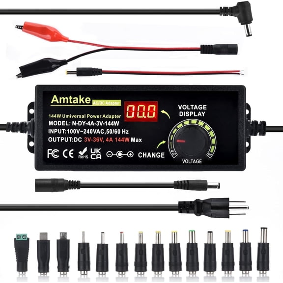 Adjustable Universal Power Supply Adapter 4A 144W Adjustable Variable Switching 3V~36V 3V 5V 12V 24V 30V 36V AC/DC Adapter, AC to DC Converter with 14 Tips, Polarity Converter and Test Lead
