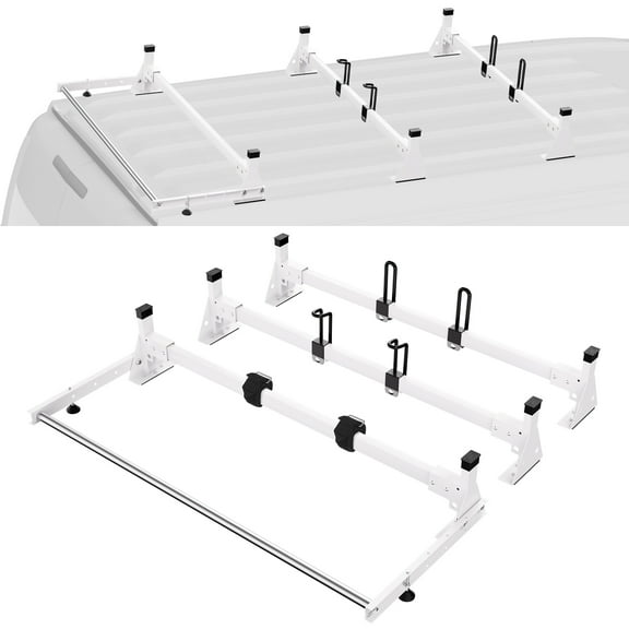 Adjustable Van Roof Cargo Rack with Rear Easy Load Rollers, 800 LBS Capacity, Ladder Stops & Secure Tie Down Holes, Powder Coated Steel Roof Rack for Ford Transit 150 250 350 2013-2024